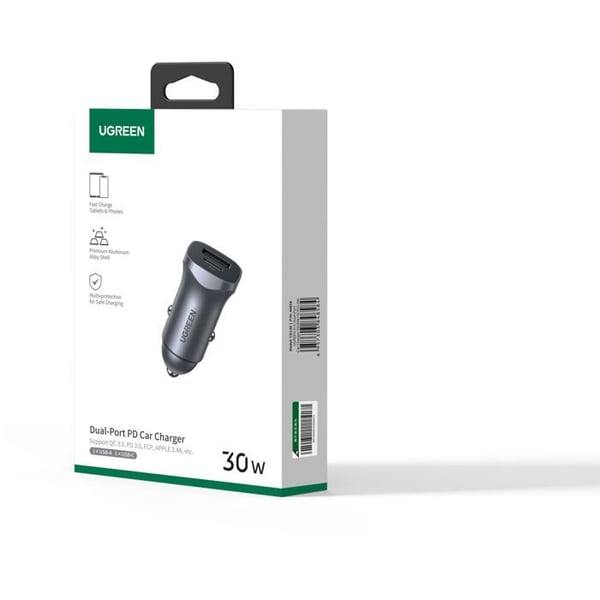 Bil laddare - UGREEN - 1 USB-C + 1 USB-A - 30W - Grå