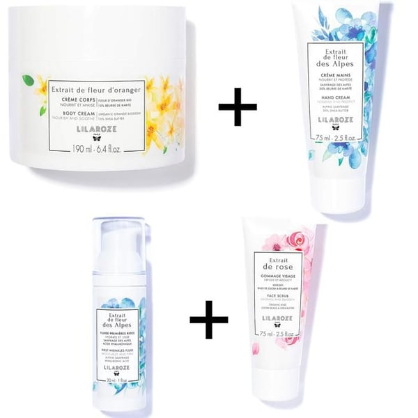 Lilaroze Paris Pack Mask Ros + Rynkfluid & Handkräm (Alpblommor) + Kroppskräm med Apelsinblomma