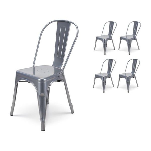 Paket med 4 stolar i glänsande grå metall - Industriell stil