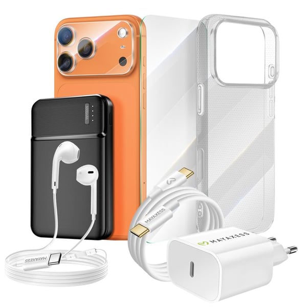 Komplett paket för iPhone 17 Pro Fodral, Glas, Laddare, Extern batteri, hörlurar (7 delar) Mayaxess Transparent