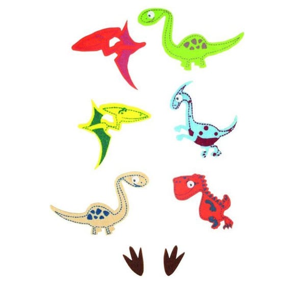 MégaCréa DIY - Dinosaurie i självhäftande filt 4 till 7 cm med rörliga ögon x 28