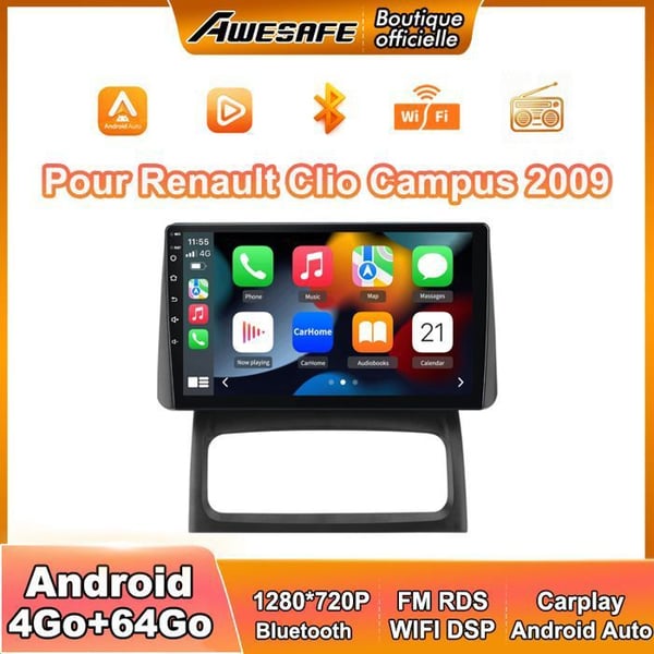 AWESAFE Autoradio Android 13 4Go+64Go Renault Clio 2 Campus 2009 9'' Kosketusnäyttö Carplay GPS Android Auto