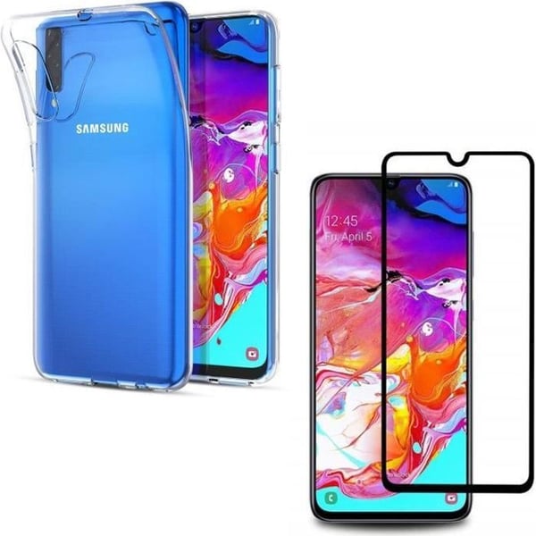 Skal till Samsung Galaxy A70 - Transparent mjuk silikon + Helhärdat glas Skärmskydd med svart kant [Phonillico®]
