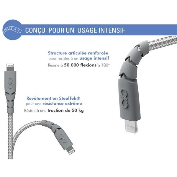 Mobiltelefonkabel Force Power Cable Ultra Förstärkt USB-A/Lightning 3m Recycle Grey