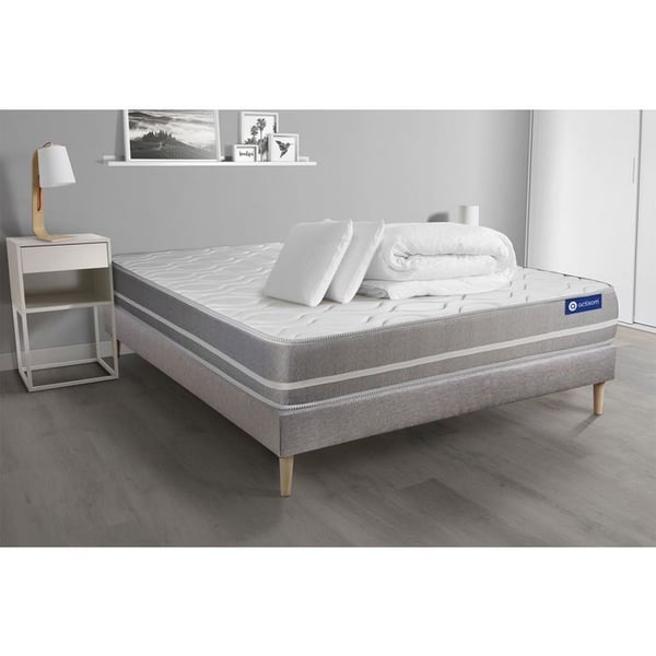 Komplett sängpaket 140x190 cm - Madrass + Sängbotten Grå (i kit) + 2 kuddar + Täcke - Actimemo Tou