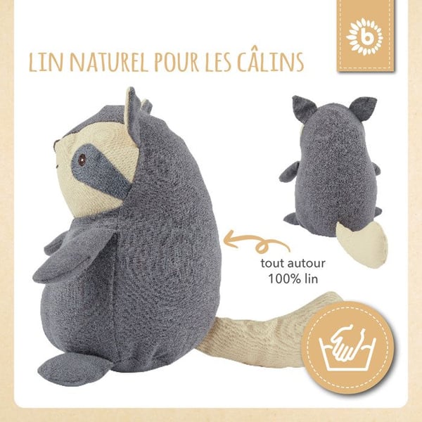 Doudou - BIECO - Tvättbjörn - Lin & Bomull - 18 cm - Handtvättbar