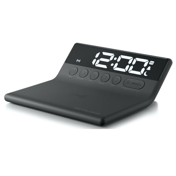 Mustat Réveil Muse M-168WI, Snooze- ja Doze-toiminnot, langaton lataus 5W, yksittäinen hälytys äänellä ja säädettävä valkoinen LED-paneeli.