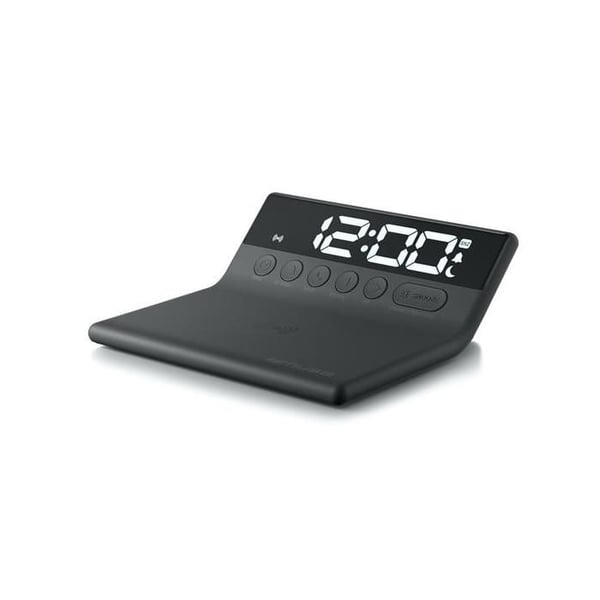 Mustat Réveil Muse M-168WI, Snooze- ja Doze-toiminnot, langaton lataus 5W, yksittäinen hälytys äänellä ja säädettävä valkoinen LED-paneeli.