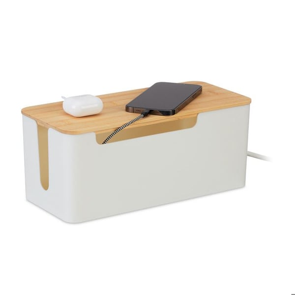 Relaxdays Kabelskydd för 2 grenuttag, lock i bambu, plast, HxBxD: 13x31x14 cm, låda, vit - natur