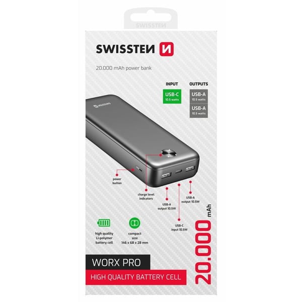 Powerbank - SWISSTEN - Worx Pro - 20000 mAh - 2 utgångar USB-A - 10,5 W