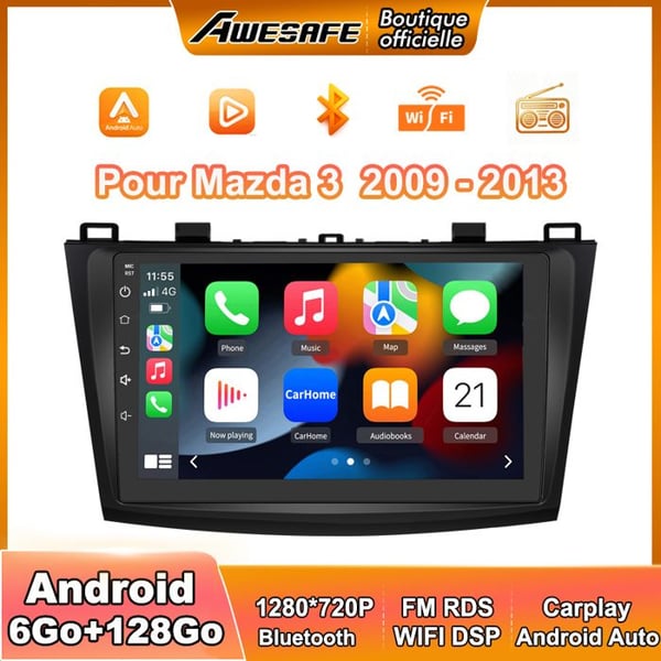 AWESAFE Autoradio Android 13 för Mazda (2009-2013) 6Go+128Go med 9'' pekskärm Carplay GPS WiFi USB SD Bluetooth Android Auto
