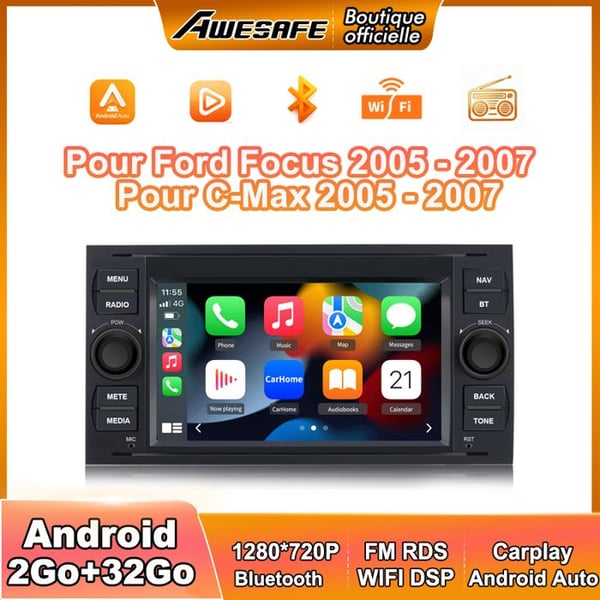 AWESAFE Autoradio Android 13 för Ford Focus 2Go+32Go med Carplay Android Auto 7 Tum stereo GPS USB SD Bluetooth FM AM RDS