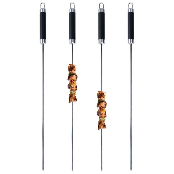 Grillspett i rostfritt stål - BBQ - 47 cm - Set om 4 - Silver och svart - Plasthandtag - Spetsig ände