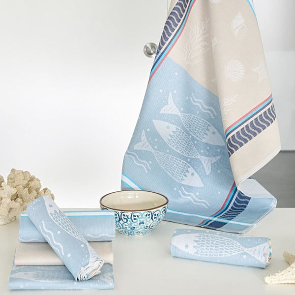 Set med 6 kökshanddukar med tryck "Smaker från Havet" 50 x 70 cm Egyptisk Bomull