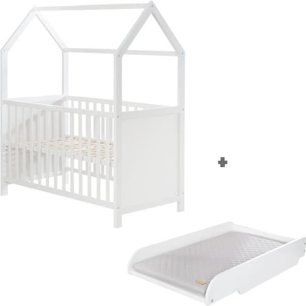 ROBA Lit Bébé Cabane 60x120 cm + Plan och Matelas à langer - Konvertibel till Lit Cododo - Höjdjusterbar - Lackerad Vit trä ROBA Lit Bébé Cabane 60x120 cm + Plan och Matelas à langer - Konvertibel till Lit Cododo - Höjdjusterbar - Lackerad Vit trä