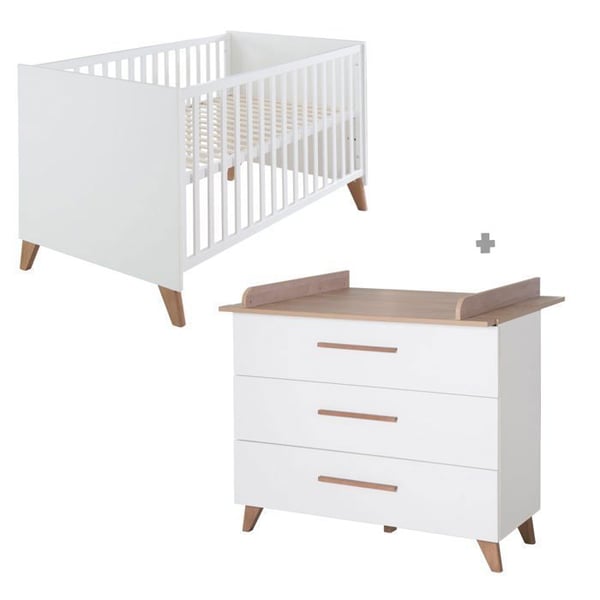 Babyrum Duo ROBA - Ole - Evolutionsäng 70x140 cm + Skötbord med avtagbar skötbordsskiva - Vit - Mörk Ek