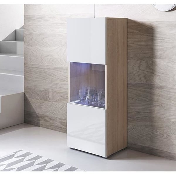 DESIGN AMEUBLEMENT - Vertikal LED-vitrin - Vit & Sonoma - Blank melamin - 1 dörr - 3 fack - 40 x 29 x 128 cm