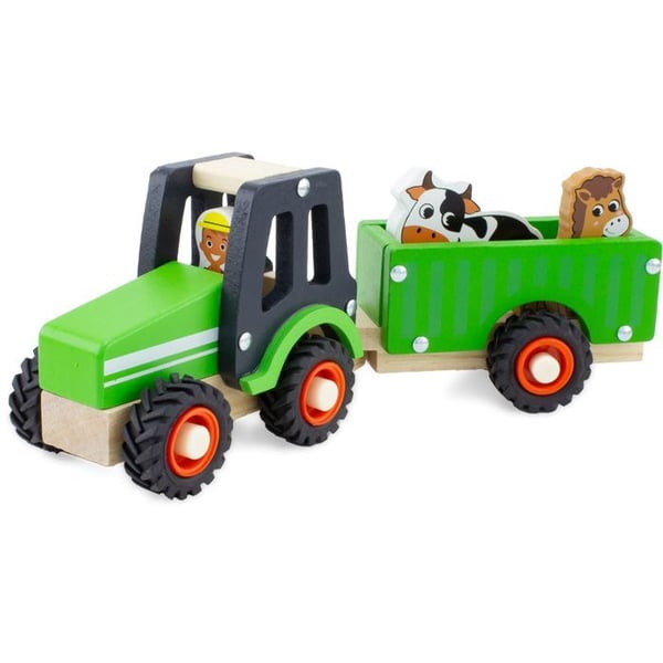 Träleksak - Ulysse - Grön traktor och släp - 3 figurer - Gummihjul - 12 månader och uppåt