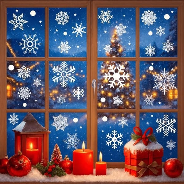 Klistermärke Jul - 9 plattor snöflingor stjärna för fönster glas spegel kylskåp elektrostatiskt återanvändbart Phonillico®