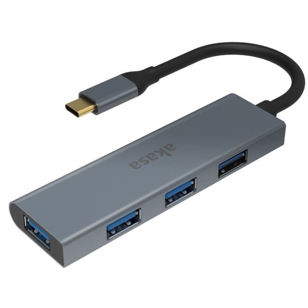 USB-hubb - Akasa - 4 portar - Typ C - 4 x Typ A - Silver och svart