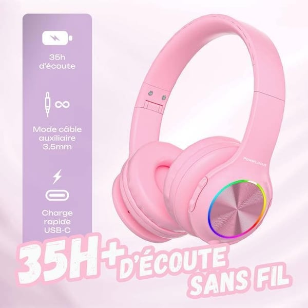 Bluetooth-hörlurar - POWERLOCUS - Pled - Rosa - Fällbar - För barn från 4 år