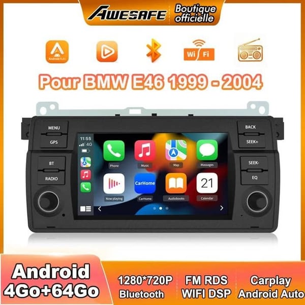 AWESAFE 4G Autoradio Android 13 för BMW E46 Rover 75 MG ZT 4Go+64Go med 7'' Pekskärm GPS Carplay Android Auto Bluetooth