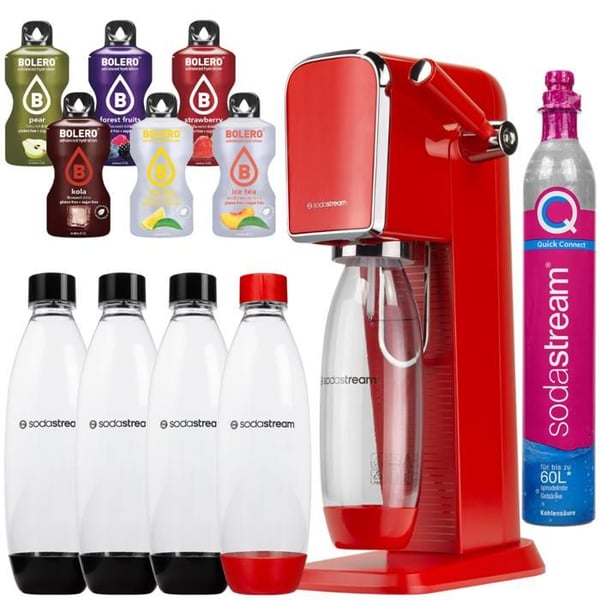 Kolsyragenerator - Sodastream - Art Red - 4 flaskor 1L utan BPA - 6 smakstänger - CO2-cylinder