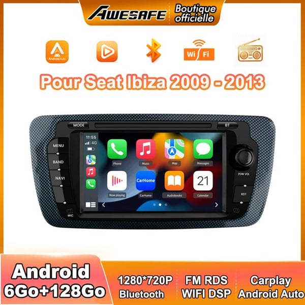 AWESAFE 4G Bilradio Android 13 6Go+128Go för Seat Ibiza 6j (2009-2013) 7'' Skärm med Carplay GPS Bluetooth Android Auto RDS WiFi