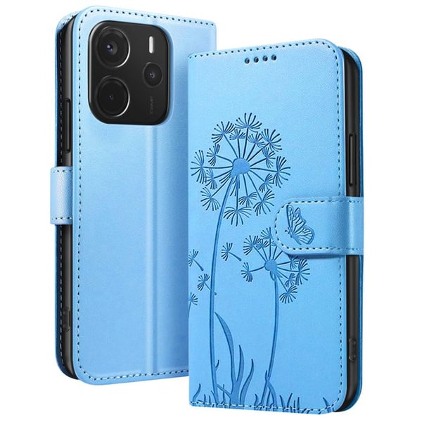Plånboksfodral - ZANAÉ - Redmi Note 14 4G - Syntetiskt läder - Mönster med blommor och fjärilar - Ljusblå