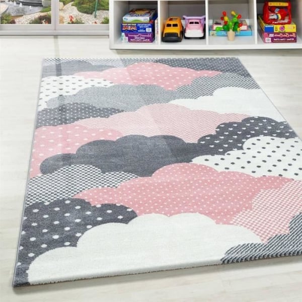 Matta - Rund - Mönster Moln - Färger Rosa, Grå, Vit - 120x120 cm Matta - Rund - Mönster Moln - Färger Rosa, Grå, Vit - 120x120 cm