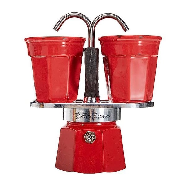 Set kaffekokare i italiensk stil + 2 koppar - BIALETTI - Mini-express - Rostfritt stål / Röd