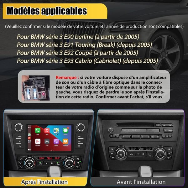 AWESAFE Autoradio Android 13 för BMW Series 3 E90 E91 E92 E93 1Go+32Go med 7'' Pekskärm GPS Carplay Android Auto Bluetooth