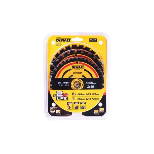 Paket med 3 ELITE DEWALT DT10397-QZ blad 2x165mm 24 tänder och 1x165mm 40 tänder