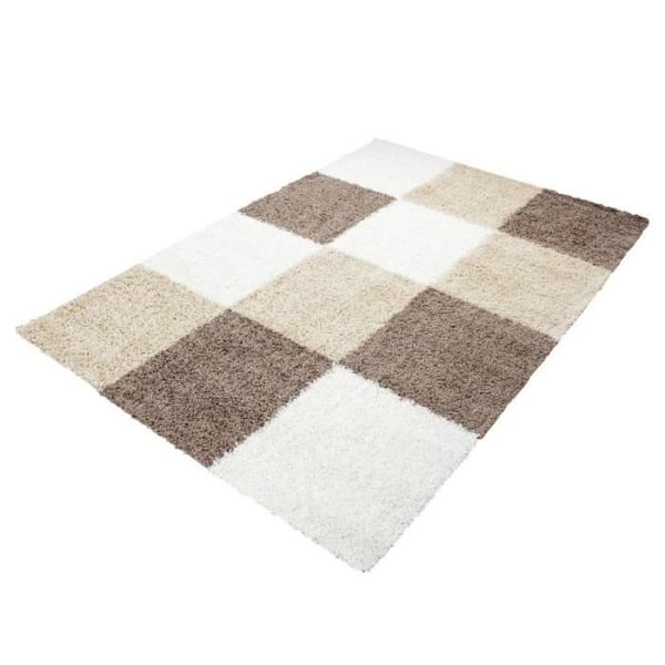 Tapis Shaggy - Ayyildiz - Rutigt mönster - Brunt-Vitt-Beige - 80x250 cm - 30 mm höjd på lugg