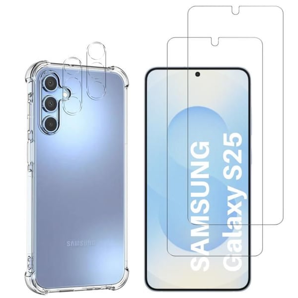 Stötsäker skal för Samsung Galaxy S25 och 2 härdade glas för skärmen samt 2 kameraskydd Phonillico®