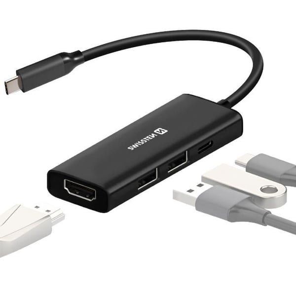 USB C-hub 4 i 1 till HDMI 4K USB C Laddning 100W och USB Swissten Svart