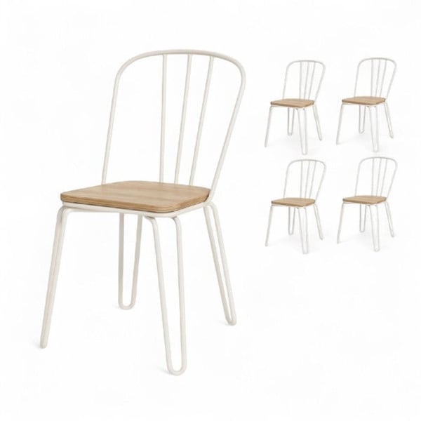 Set med 4 stolar i vit matt metall, industriell stil och sits i ljust trä – Ben i spikformat.