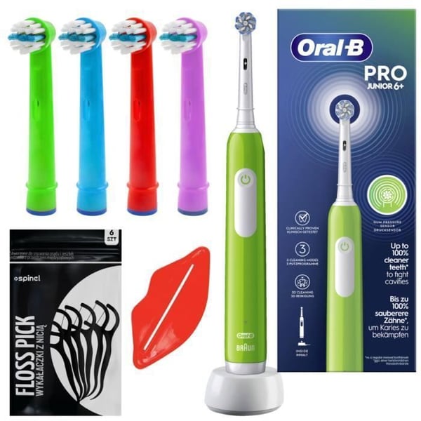 Eltrisk tandborste - Oral-B - Junior Pro Grön - Barn 6 år och äldre - 3 lägen - Timer - Tillbehör