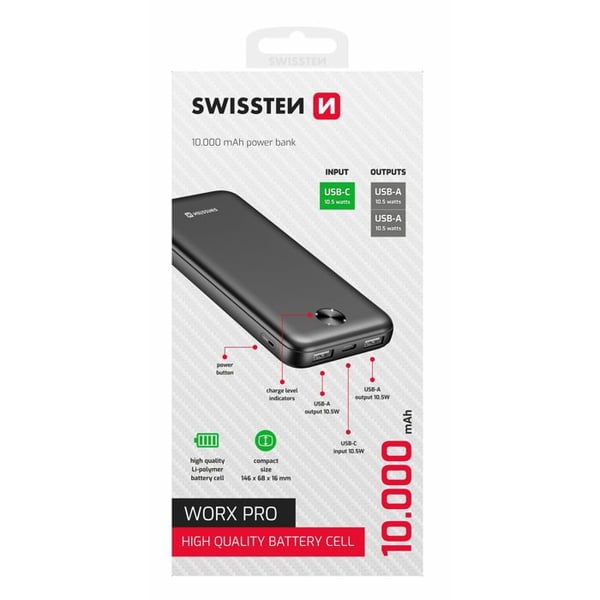 Powerbank - SWISSTEN - Worx Pro - 10000 mAh - 2 USB-A-utgångar - 10,5 W