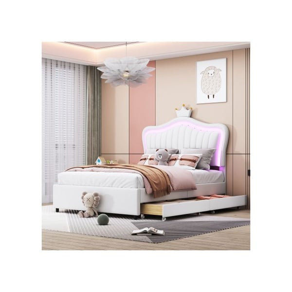 Barneseng - MUVOE - 90 x 200 cm - Hvid kunstlæder - Opbevaringsskuffer - Multifarvet LED