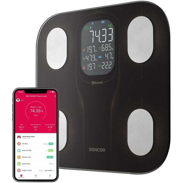 Personvåg - SENCOR - SBS 9002BK - Kapacitet 180 kg - Mäter fett och muskler - Bluetooth-anslutning