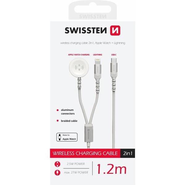 Strömkabel - SWISSTEN - 2in1 - USB-C och Lightning - 1,2 m - Vit