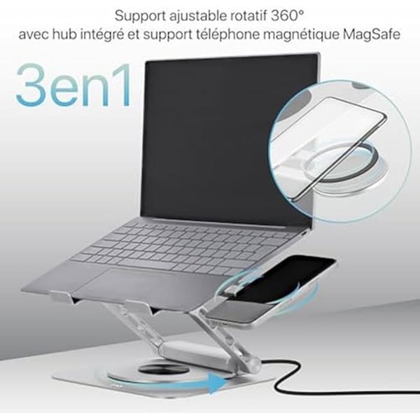 Stöd Notebook Justerbar - T'nB - iClick - Aluminium - Hub USB-C 6-i-1 - Roterbar 360°