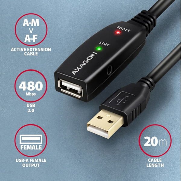 USB-kabel - AXAGON - ADR-220 - 20m - USB 2.0 - LED-indikator - Skærmet