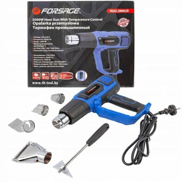 Forcekraft elektrisk varmt luftpistol med munstycken (230 V, 50/60 Hz, 2 000 W, 60/350/600 grader, 50/300/500 l/min)