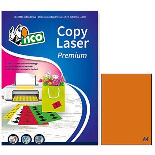 Etiketter utan kanter - TICO - Orange fluorescent - 70 blad - 210x297 mm - Permanent lim