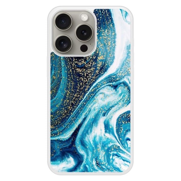 Förstärkt silikonfodral med tryck, kompatibelt med Apple iPhone 15 Pro, marmor blå glittrig