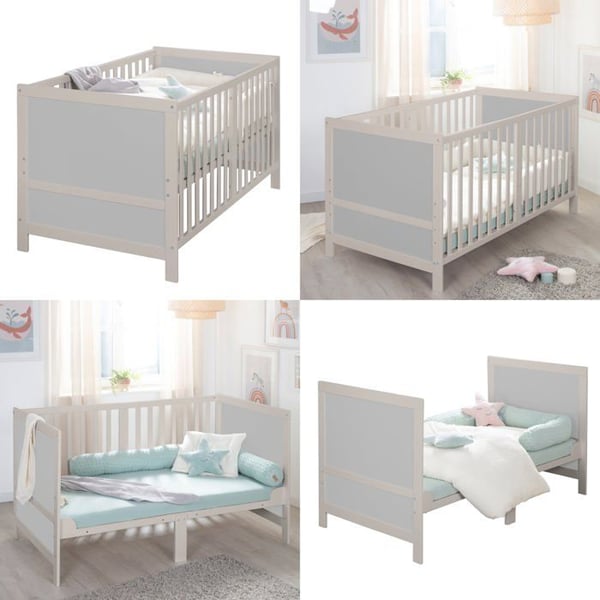 Lit Bébé Évolutif ROBA EASY SLEEP 70 x 140 cm + Matelas Roulé + Kit för Omvandling - Höjdjusterbar - Ljusgrå
