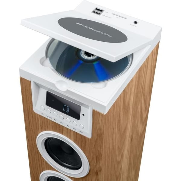 Tårnhøjttaler - THOMSON - Bluetooth/CD/USB/SD - Hvid/Træ - 60W - FM-radio