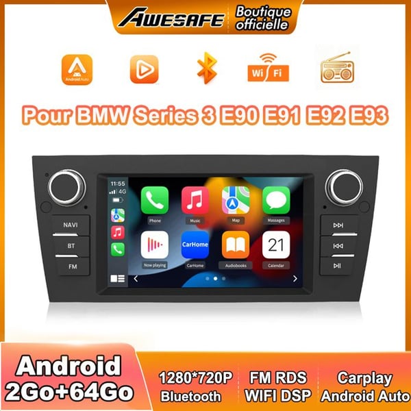 AWESAFE Autoradio Android 13 för BMW Series 3 E90 E91 E92 E93 2Go+64Go med 7'' Pekskärm GPS Carplay Android Auto Bluetooth